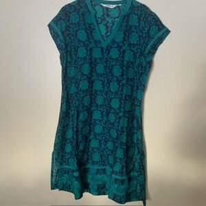 100% Cotton Beach Cover Up Dress Size 36 Teal Black Floral Boho Tunic EUC